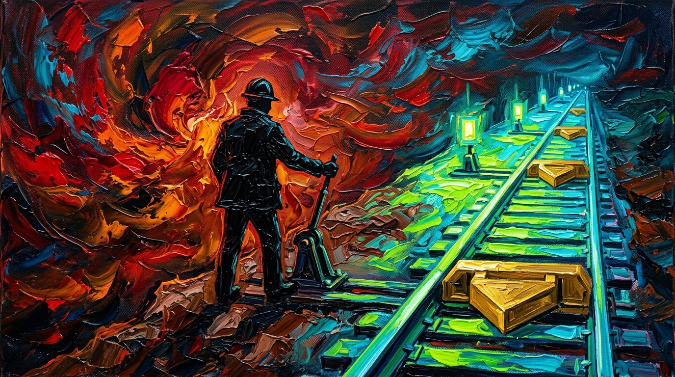 人类扳道工与确定性契约铁轨 概念油画