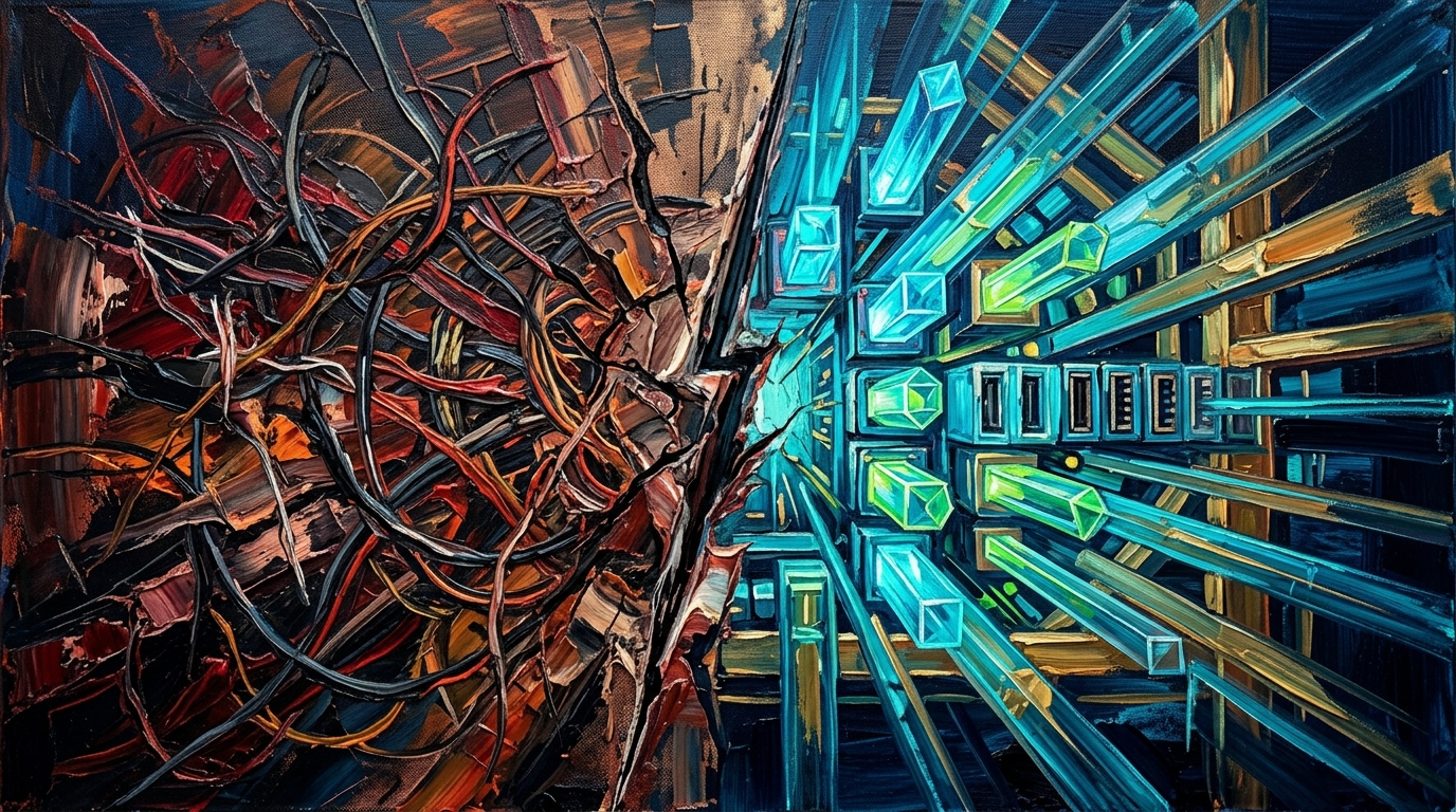 传统网状胶水孤岛与标准化星型协议对比 概念油画